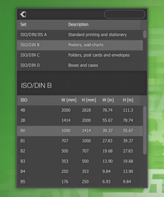 Die Benutzeroberfl&auml;che: Kategorien oben, die jeweiligen Papiergr&ouml;&szlig;en gleich darunter.