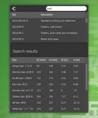 Integrierte Suche: Sie k&ouml;nnen auch direkt nach Namen von Gr&ouml;&szlig;en und Formaten st&ouml;bern.