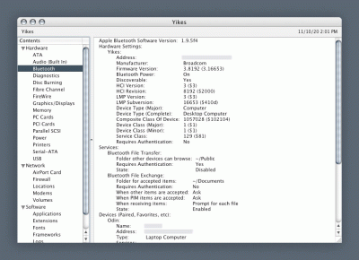 3|6: Informationen zum Thema Bluetooth in Mac OS X System Profiler.