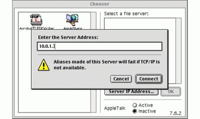 7|11: Mac OS 9 Chooser: Mittels Server IP Adresse verbinden.
