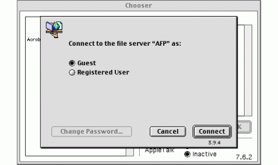 8|11: Mac OS 9 Chooser: Als Gast verbinden.