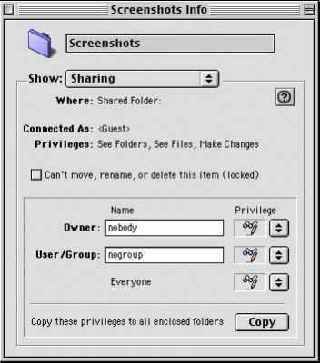 11|11: Freigabeeigenschaften im Info-Dialog eines Ordners auf der Freigabe.
