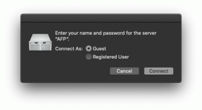 2|11: Verbinden zu einer AFP-Freigabe as Gast aus macOS Catalina heraus.