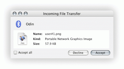 6|6: Akzeptieren des Datei-Transfers in Mac OS X Tiger.